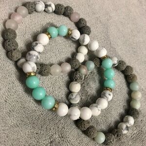 3 Beaded Gemstone Bracelets Lava Stones Rose Quartz Amazonite Howlite